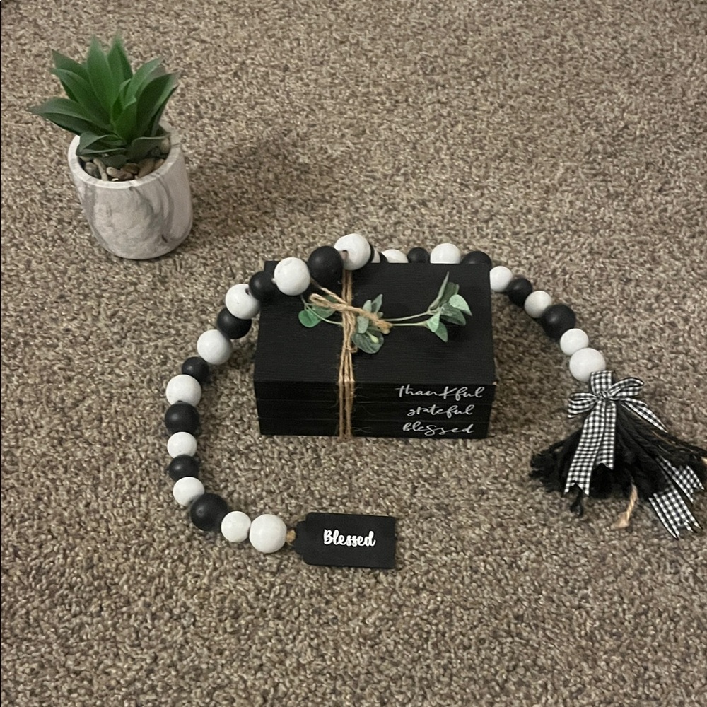 Black and White Beaded Garland with Tassel